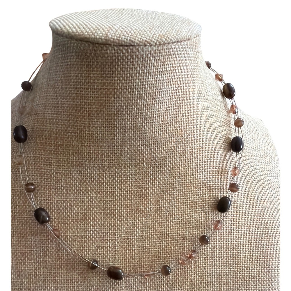 Amber Color Illusion Floating Bead Necklace‎ Double Strand Silver Tone